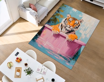 Tiger Bath Rug, Funny Tiger Art Rug, Animal Bathroom Rug, Modern Home Decor Carpet, Colorful Tiger Design, Unique Area Rug