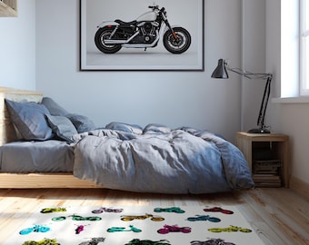 Vintage Motorcycle Collage Rectangle Rug, Biker Garage Decor, Heavy Duty, Custom Shape Floor Mat, Washable, Man Cave Art, Kitchen Mat.