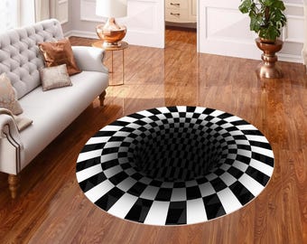 Rund matta med 3D-optisk illusion, svartvit virvelmatta, trippy 3D-hålmatta, modern geometrisk cirkelmatta, halkfri tvättbar matta