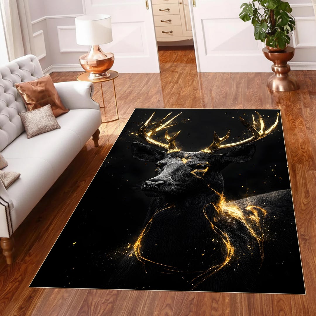 Black Deer Rug Gold Antlers Animal Rug Living Room Bedroom Carpet ...
