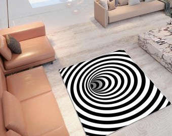 Rectangular Black White Optical Illusion Rug, 3D Spiral Area Rug, Modern Geometric Carpet, Trippy Living Room Decor, Non Slip Washable Rug