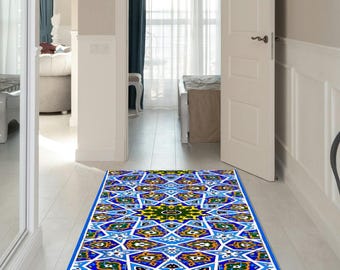 Tile Pattern Rug,  Non-Slip Mosaic Tile Inspired Carpet Blue White Ottoman Style Rug for Bedroom Hallway Living Room, Turkish Tile Style Rug