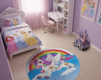 Round Unicorn Area Rug, Rainbow Nursery Decor, Magical Flying Unicorn Kids Room Carpet,  Girls Bedroom Decor, Non-Slip Washable Play Mat