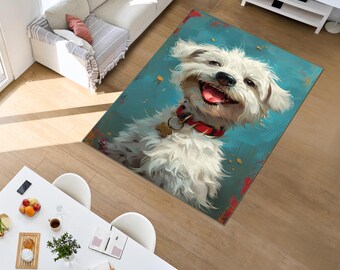 Maltese Area Rug, Washable Dog Lover Room Decor, Custom Pet Portrait Carpet, Sweet Maltese Gift for Home, Non-Slip Pet Rug