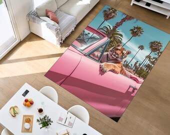 Tiger Rug, Pink Car Tiger Rug, Cool Animal Art Rug, Tropical Palm Tree Rug, Modern Living Room Decor, Colorful Area Rug Carpet