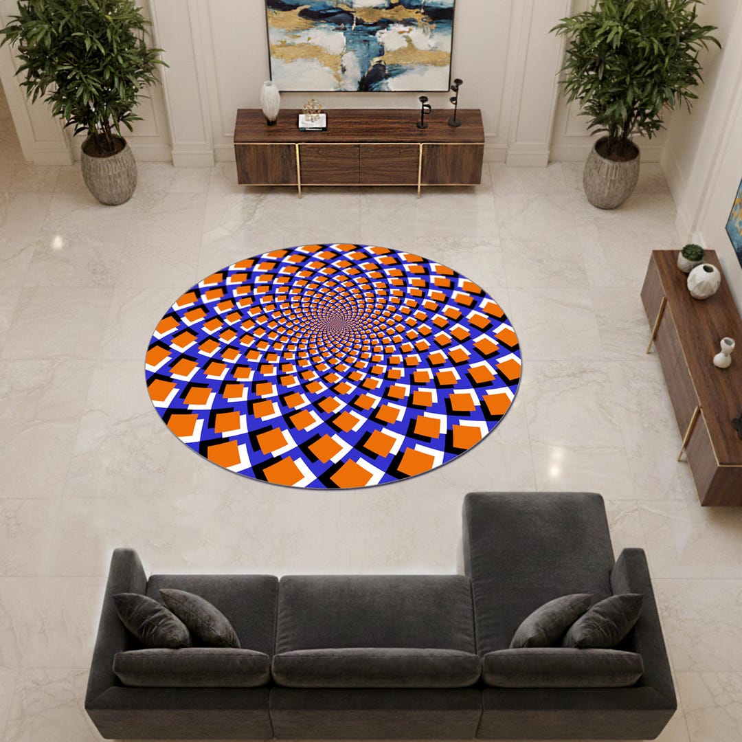 Round Optical Illusion Rug Blue Orange, 3D Spiral Circle Carpet, Modern ...
