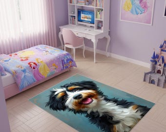 Bernedoodle Inspired Rug, Dog Face Rug, Puppy Portrait Carpet, Animal Lover Home Decor, Kids Room Dog Rug, Gift for Dog Owners