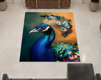 Peacock Area Rug, Exotic Bird Carpet, Floral Bohemian Rug, Colorful Floor Mat, Artistic Home Decor, Bedroom Living Room Rug