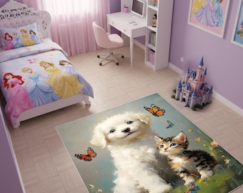 Maltese Dog and Kitten Rug, Puppy Cat Area Rug, Pet Lover Gift, Animal Decor Carpet, Custom Pet Portrait Rug, Nursery Playroom Mat