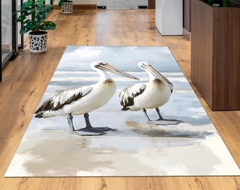 Pelican Area Rug, Washable Coastal Room Decor, Seabird Carpet, Funny Pelican Gift for Beach House, Non-Slip Animal Mat