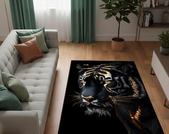 Black Tiger Gold Rug, Modern Animal Area Rug, Black Gold Rectangular Carpet, Non-Slip Washable Home Decor, Rectangular Rug, Animal Rug