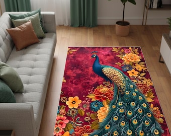 Peacock Rug, Floral Peacock Carpet, Colorful Bird Area Rug, Boho Home Decor, Living Room Rug, Washable Rug, Statement Floor Art