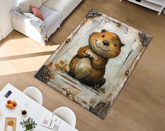 Cute Otter Rug, Woodland Animal Area Rug, Nursery Animal Carpet, Kids Room Decor, Washable Non Slip Cottagecore Floor Mat, Baby Room Rug