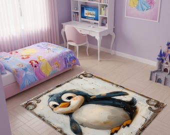 Penguin Rug, Cute Penguin Carpet, Animal Area Rug, Kids Room Decor, Nursery Rug, Vintage Style Floor Mat, Washable Home Rug