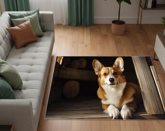 Corgi Dog Rug, Cute Welsh Corgi Portrait Carpet, Pet Lover Gift, Home Decor Mat
