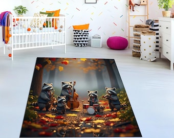 Racoon Jazz Band Area Rug, Woodland Animal Nursery Decor, Custom Shape Kids Mat Washable Non Slip Rug, Round Square Custom Shape Floor Mat