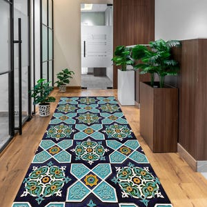 Puede incluir: Una alfombra de pasillo estampada con un diseño geométrico en tonos turquesa, azul marino, amarillo y blanco. La alfombra es rectangular y está colocada sobre un suelo de madera en un pasillo. El diseño presenta motivos estelares y florales.