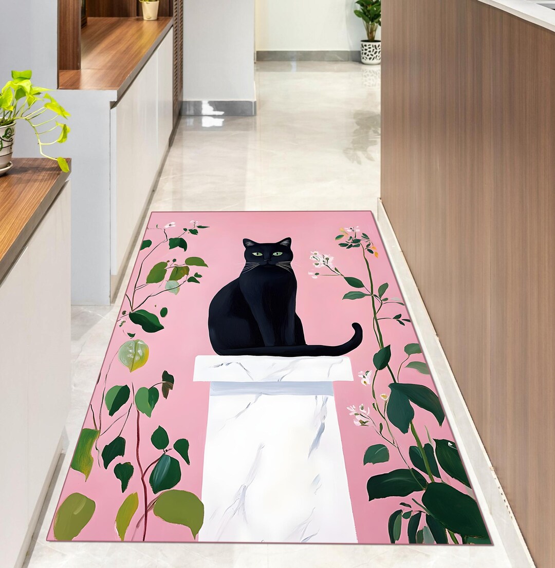 Black Cat Floral Area Rug, Pink Aesthetic Carpet, Cute Animal Print Rug ...