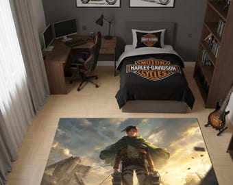 Attack Titan Main Character Anime Rug, Japanese Dark Fantasy Hero Carpet, Scout Corps Floor Mat, Otaku Gaming Room Decor, Washable Area Rug