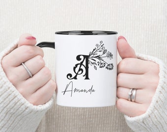 Personalised Monogram Coffee Mug, Elegant Floral A Letter Mug, Custom Text Ceramic Cup, Unique Wildflower Mug, Name Mug, Gift for Co Worker