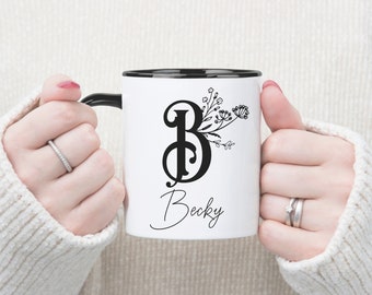 Custom Name Coffee Mug, Elegant Floral Letter B Mug, Personalized Text Ceramic Cup, Monogram Mug, Name Mug, Gift for Mum, Co Worker Gift