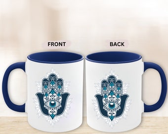 Blue Hamsa Hand Coffee Mug, Evil Eye Tea Cup, Yoga Third Eye Cup,  Good Luck Mug, Spiritual Gift, Housewarming Gift, Aesthetic Coffee Mug