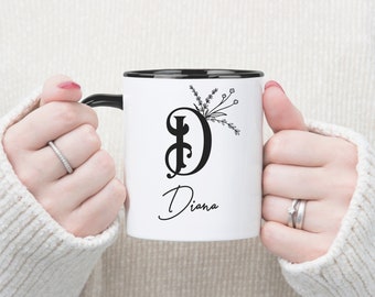 Custom Name Coffee Mug, Floral Initial Cup, Elegant Monogram D Mug, Wildflower Ceramic Mug, Gift for Mum, Personalized Mug, Birthday Gift