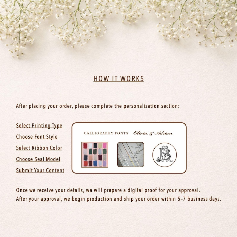 May include: A cream-colored graphic with the text "HOW IT WORKS" and instructions for personalization. Includes options for printing type, font style, ribbon color, and seal model. Features calligraphy fonts and a monogram.