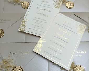 Islamskie zaproszenie ślubne ze złotą folią i pieczęcią lakową