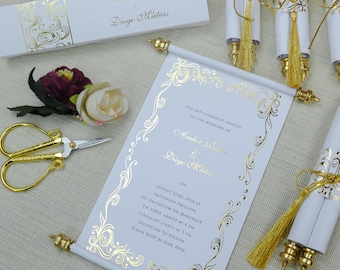 Luxury Royal Wedding Scroll Invitation with Gold Foil, Custom Medieval Style Wedding Stationery, Elegant Fairy Tale Scroll Invite
