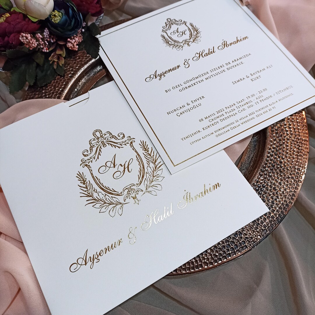 Square Wedding Invitation With Gold Foil Monogram and Textured Envelope ...