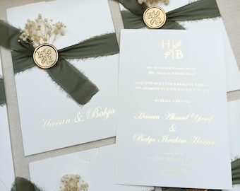 Gold Foil Nikkah Invitation with Wax Seal and Sage Ribbon