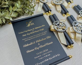 Luxury Black & Gold Scroll Wedding Invitation with Ribbon and Wax Seal