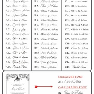 May include: A chart displaying various font styles for wedding invitations. The fonts are categorized as Signature, Calligraphy, and Simple, with examples of each. A sample invitation shows how the fonts can be used.