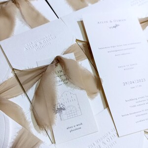 Minimalist Wedding Invitation Suite with Debossed Envelope and Chiffon Ribbon