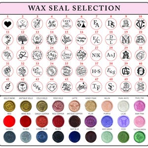 May include: A wax seal selection chart featuring fifty numbered circular designs with monograms, floral motifs, and text like Save the Date. Below are forty-eight circular wax seal samples in various colors including gold, red, blue, and green.