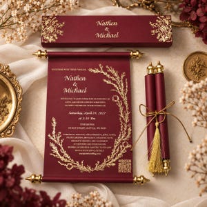 Peut inclure: Un parchemin d'invitation de mariage rouge foncé avec des accents floraux en feuille d'or et le texte Nathen & Michael. L'ensemble comprend une boîte rectangulaire assortie, un parchemin roulé avec des embouts dorés et un pompon doré.