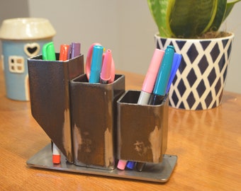 Rustic Desk Tidy Pen Holder - Abstract industrial design made from steel metal