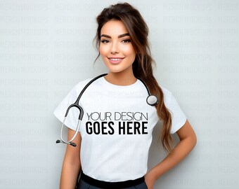 White Bella Canvas T-shirt Mockup | Nurse T-shirt Mockup | Medical Theme Mockup | Doctor Mockup | Student Nurse T-shirt Mockup