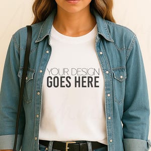 Ladies White Bella Canvas Tshirt Mockup Close Up Bella 3001 T-shirt Female Model Bella Canvas T-shirt Stylish Lifestyle Aesthetic Tee Mockup