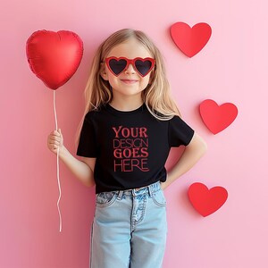 Black Bella Canvas Kids T-shirt Mockup: Valentine&#39;s Day Design (Digital Download)