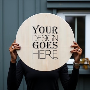 Round Sign Mockup Customisable Sign Mockup Blank Wood Sign Mockup Round Wooden Sign with finger overlays PNG