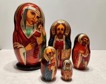 Signed Russian Matryoshka Nesting Dolls 5 piece set - Religious