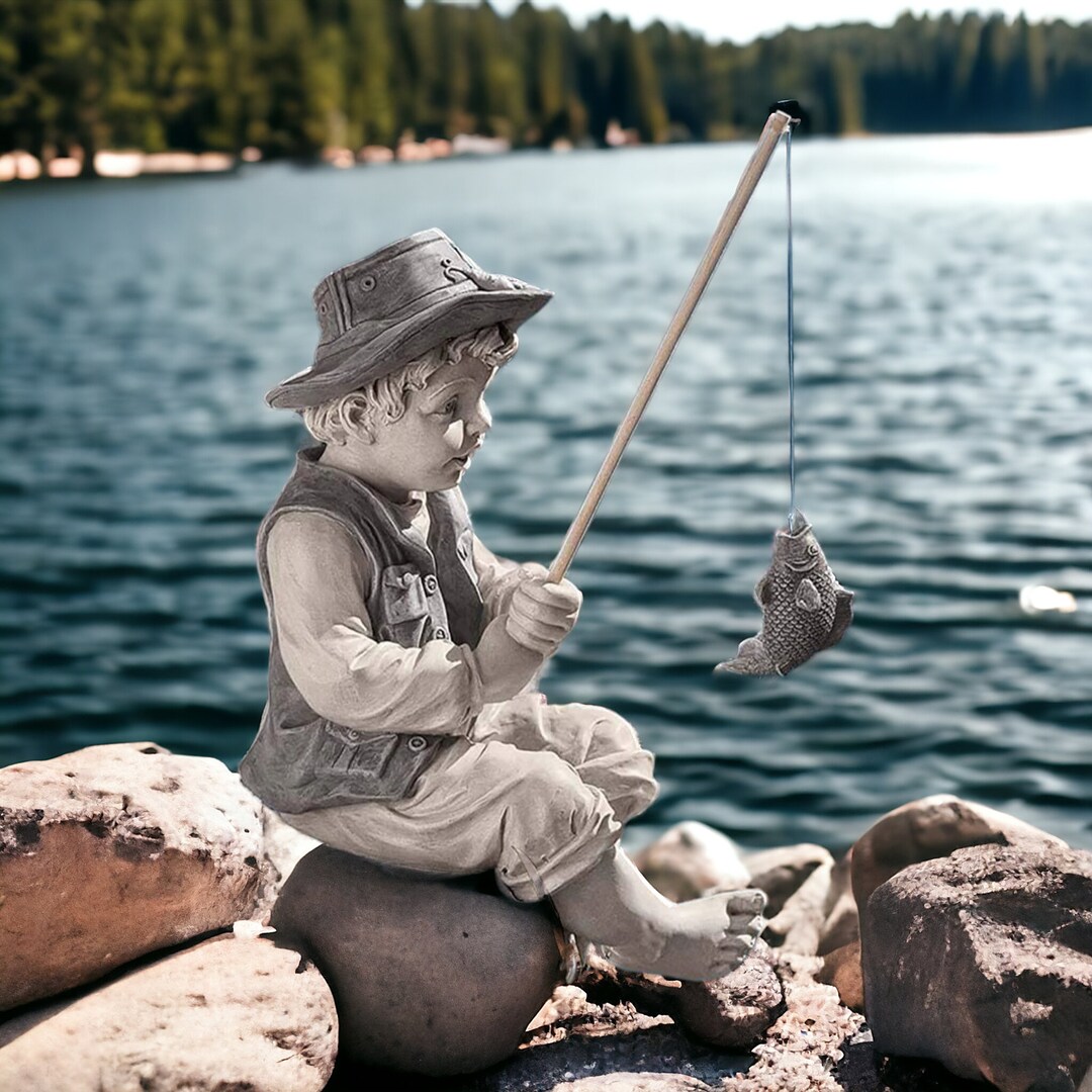 Fishing Boy Garden Statue, Porch Decor, Resin Art Decor, Fisherman Boy With Fishing Rod Figurine
