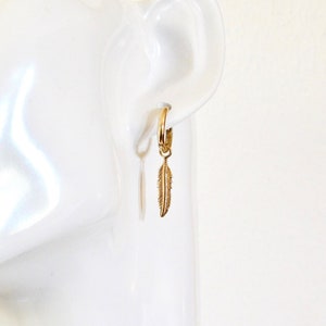 18K Solid Gold Feather Hoop Earrings: Huggie Dangle Hoops