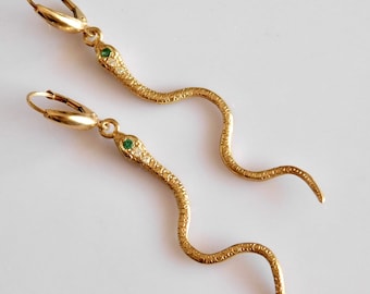 18K Gold Snake Earrings: Diamond & Emerald Serpent Dangles