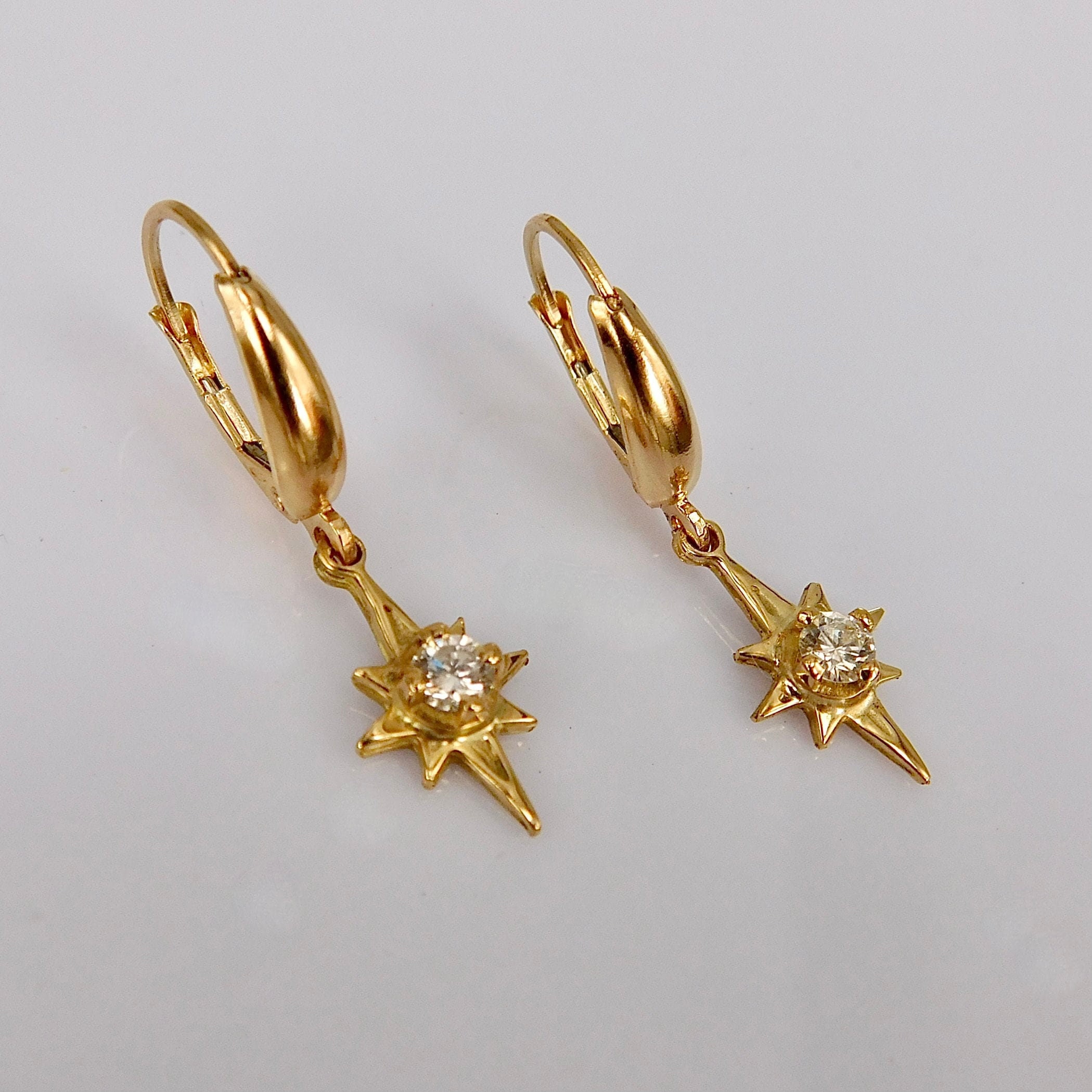 18k Gold North Star Diamond Dangle Earrings: Celestial Lever Back