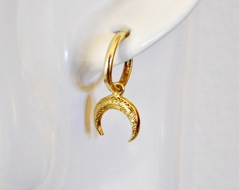 18k Solid Gold Moon Dangle Hoop Earrings: Celestial Huggies
