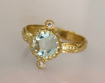 Gold aquamarine & diamond ring in 18k solid gold