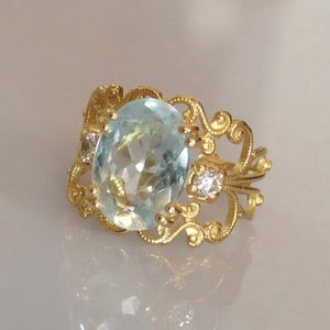 18k massief gouden aquamarijn en diamanten art nouveau-ring | Prachtig briljant ovaal aquamarijn | Aanpasbaar | Gratis DHL Express-verzending